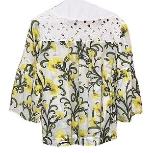 Anthropologie HD in Paris Cotton Floral Bell Sleeve Blouse Laser Cut Eyelet Yoke